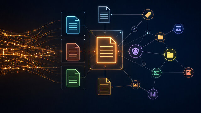 Digital document management system with glowing file icons and network mapping for cloud storage and data organization.