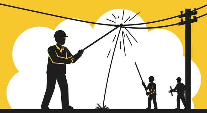 Silhouette of electrical workers repairing high voltage power lines on yellow background