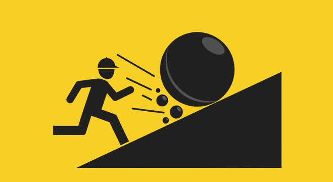 Man running away from large boulder rolling down hill sign concept