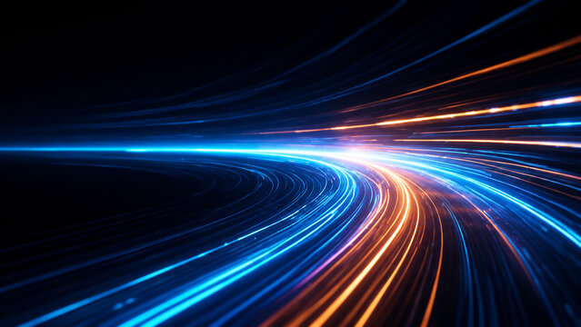 High speed digital data transfer with glowing fiber optic light trails representing fast internet connection and network communication