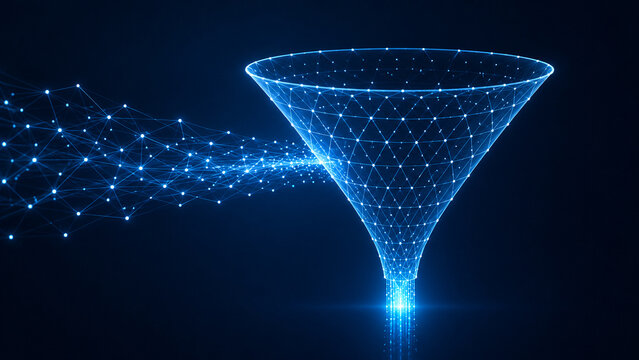 Big data filtering concept with digital wireframe funnel processing network connections and information analytics