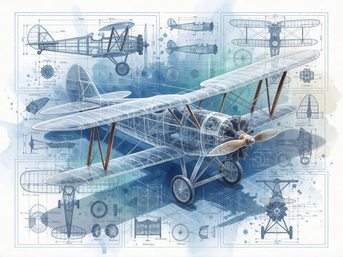 Vintage biplane technical blueprint illustration