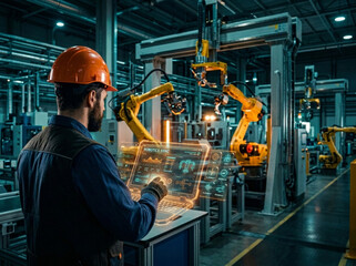 Fototapeta premium Engineer uses holographic interface with industrial robots in modern factory