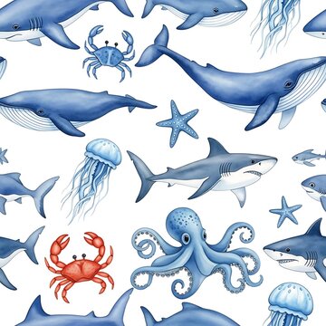Seamless blue whale and shark nautical pattern on white background