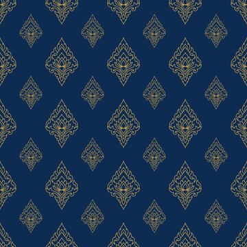 Traditional Thai lotus pattern gold line art seamless background, luxury dark blue repeating tile