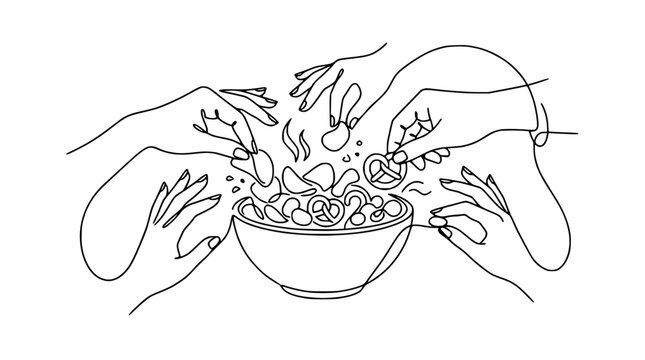 Hands reaching into bowl of snacks, continuous line art illustration