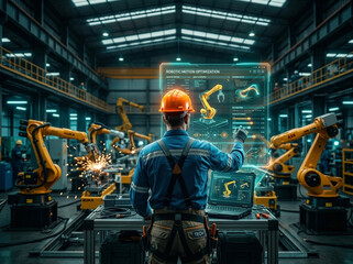 Fototapeta premium Engineer uses holographic interface in modern factory with robotic arms