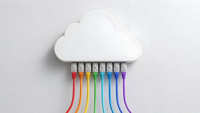 White cloud icon connected with rainbow colorful ethernet network cables. Concept of cloud data center, local area network connectivity, and broadband.