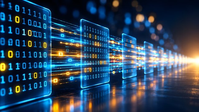 Glowing blue glass panels displaying yellow binary code sequence array. Concept of big data processing, machine learning algorithm, and programming.