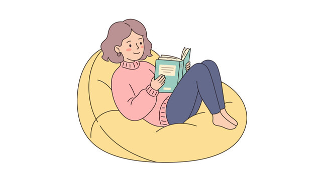 Young woman reading book in yellow bean bag chair relaxing at home illustration