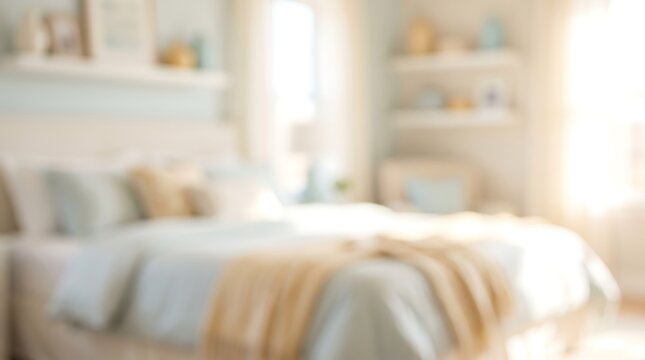 Blurred cozy bedroom interior background with pastel pink bedding wooden bed frame and warm daylight setup.