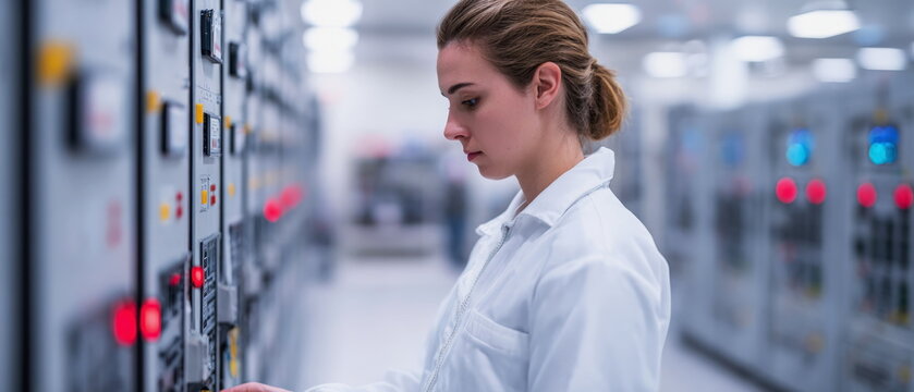 Female technician in white lab coat monitoring electrical control panels in industrial facility for technical inspection and power systems maintenance