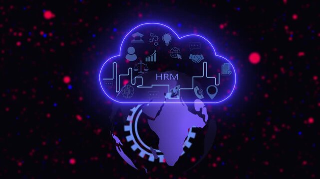 Dynamic human resource management hrm cloud computing concept featuring a rotating global earth globe with digital and futuristic network connectivity data visualization for corporate business