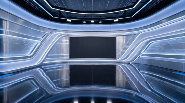 Modern futuristic broadcast news studio background with sleek curved metallic design and large central display screen. technology, media production, advanced communication. COPY SPACE
