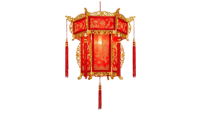Traditional Chinese Red Lantern with Gold Ornate Details Hanging.