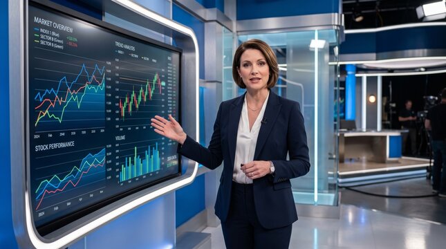 Female news anchor analyzing market trends on display screen in television studio. concept of financial reporting, broadcast journalism, television news presentation