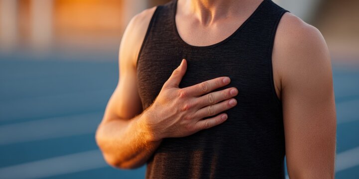 Athletic man resting on outdoor running track after intense workout at sunset breathing hard with hand on chest concept of fitness recovery and health