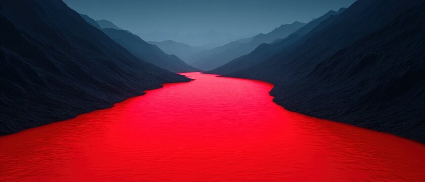 Vibrant red river flowing through deep dark mountain valley landscape with glowing water and high contrast surreal nature scenery for dramatic visuals