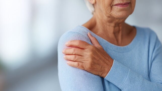 Senior woman holding painful shoulder with hand experiencing joint stiffness and discomfort as medical health issue for healthcare and wellness concepts