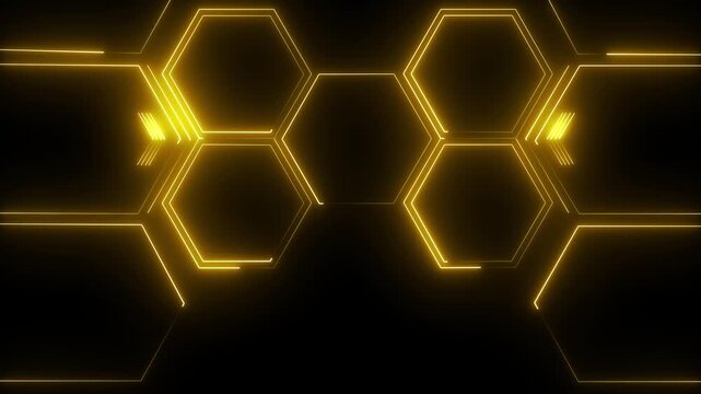 neon hexagon grid background animation isolated on a black background. Futuristic honeycomb pattern with illuminated geometric hexagonal lines creating a seamless looping technology