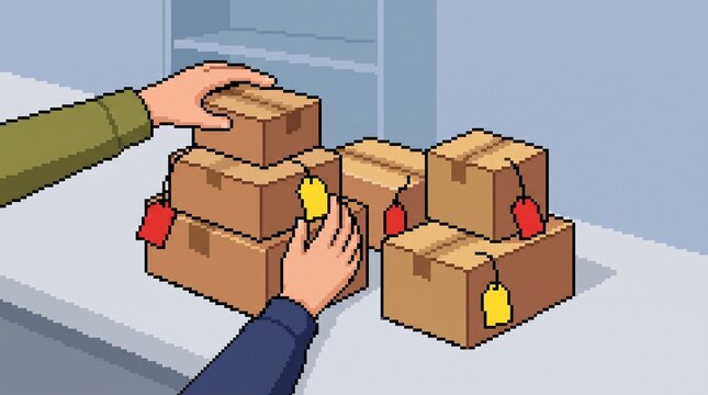 Pixel art illustration of hands sorting and tagging cardboard boxes with red and yellow tags