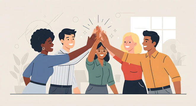 Diverse team of professionals giving a high five in a bright office