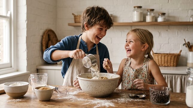 Joyful siblings baking together in a bright kitchen, laughing and covered in flour