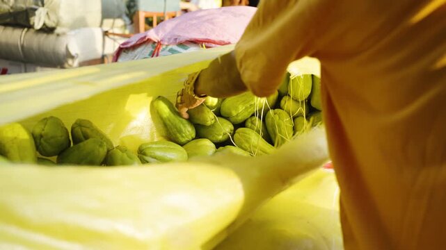 Vendor Removing Chayote from a Sack at a Local Market