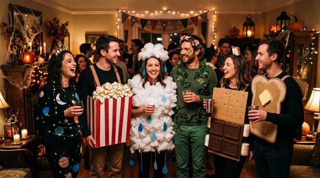 Friends in creative Halloween costumes enjoy a party with decorations