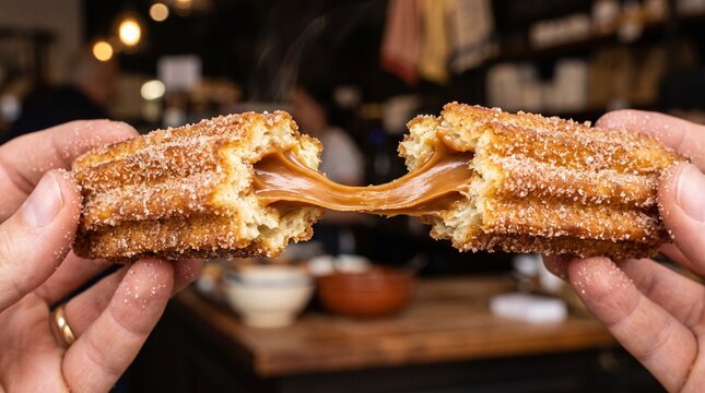 Close up of hands holding a churro filled with dulce de leche, showing gooey caramel filling stretching