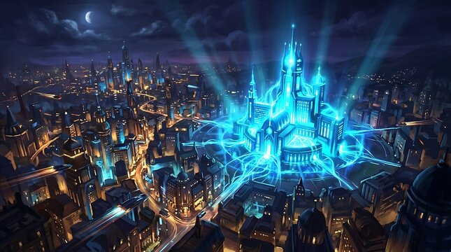 High-angle aerial view of a futuristic city at night, featuring a massive central building emitting intense blue light beams and energy fields into the cloudy night sky above surrounding streets.
