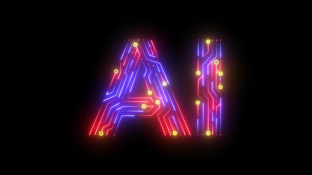Glowing neon ai text and circuit pattern icon on black background.AI, Artificial Intelligence Technology, Global Communication, Digital AI processing. 4k motion video animation