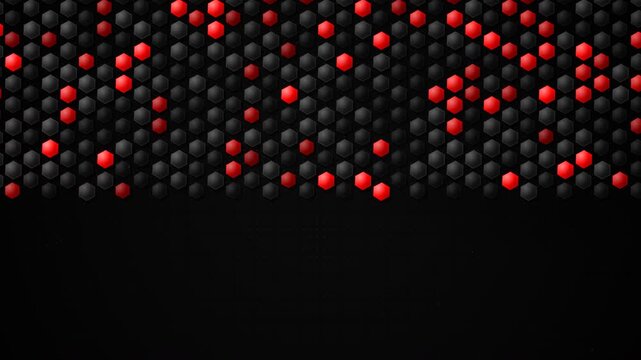 Abstract 3D animated honeycomb pattern with glowing red and black hexagonal tiles, suitable for motion graphics, tech backgrounds and presentations