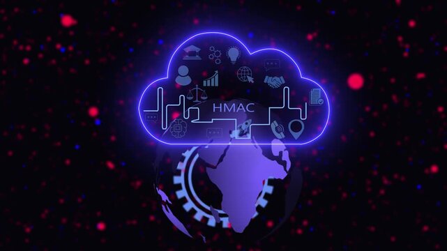 Futuristic hmac digital security concept featuring a glowing cloud computing network above a rotating earth globe with cybernetic gear and floating data particles in deep space