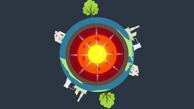 Planet gravity force demonstration. Earth cross section with vector arrow point to center