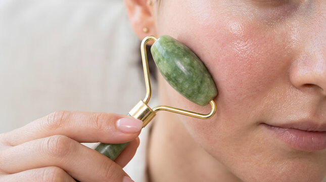 Woman using jade roller on face for skincare