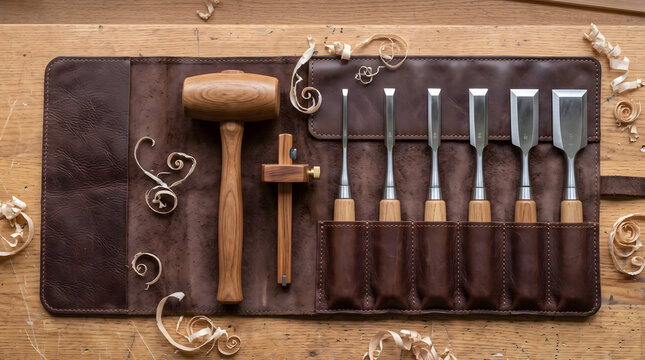 Woodworking chisels and mallet in leather roll