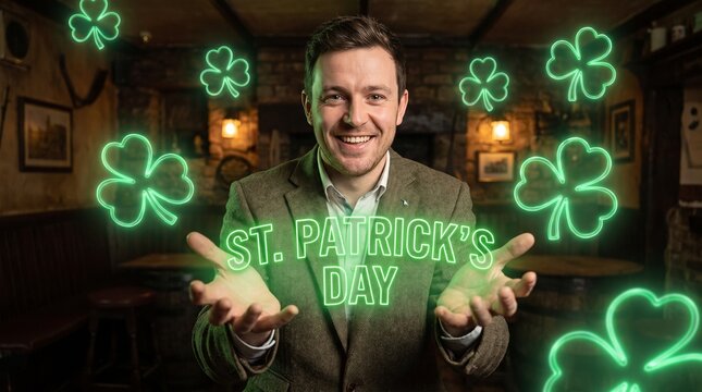 Man celebrating St Patricks Day with glowing shamrocks in a pub.