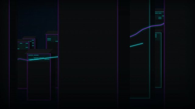 Neon skyline with glowing data lines and digital skyscrapers, cinematic 3D abstract motion, ideal for tech presentations, network security and AI