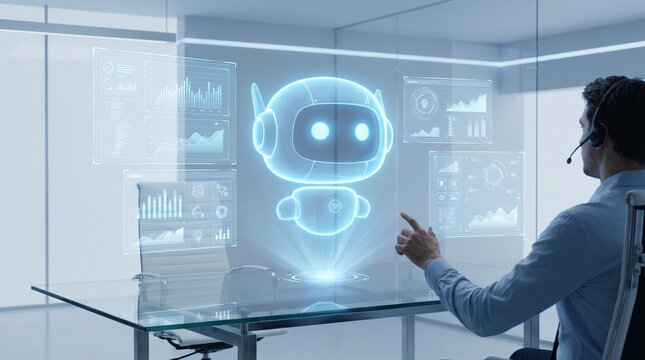 Man interacting with a futuristic holographic robot interface in a modern office.