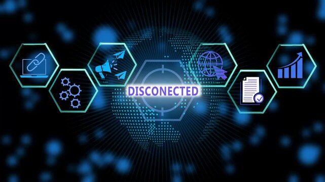 Digital disconnected concept featuring cyber security risks and network failure infographic with glowing hexagonal and global data connectivity visualization for modern tech presentations