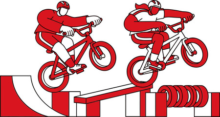 Fototapeta premium Minimalist illustration of two BMX riders performing stunts on a red and white skatepark course