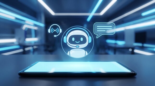 Futuristic chatbot interface on a tablet screen with glowing neon lights.