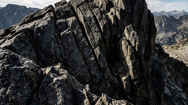 Rugged granite mountain peak with deep rock crevices and natural textures mountain landscape climbing alpinism altitude formation mountainside adventure dramatic mountains geological