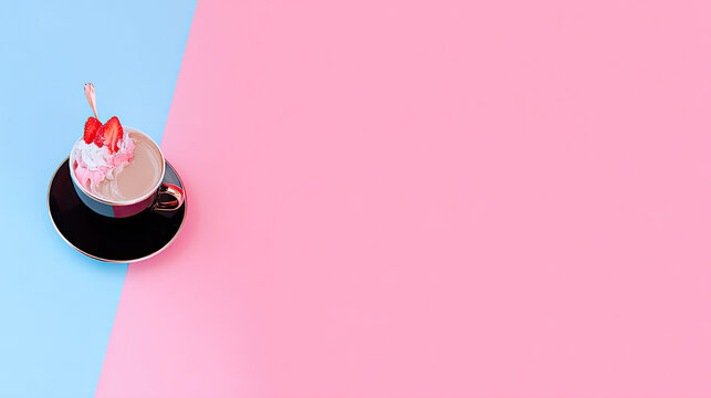 Delicious strawberry dessert in a cup on a pink and blue background.