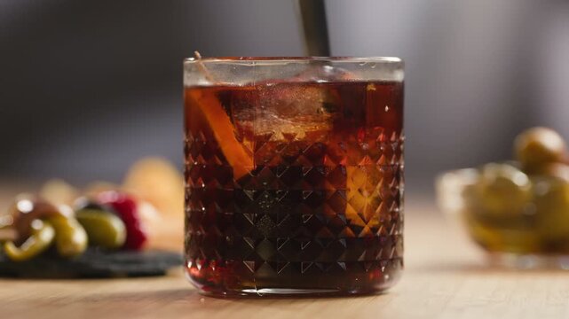 Traditional Spanish red vermouth served with Gilda tapas on a bar table in a cafe or restaurant. Classic aperitif with pickled olives, anchovies and peppers, authentic Spanish cuisine.