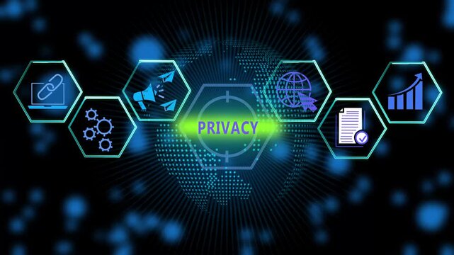 Digital privacy and cybersecurity protection concept featuring glowing hexagonal infographic with data security symbols and global network connectivity for corporate tech presentations