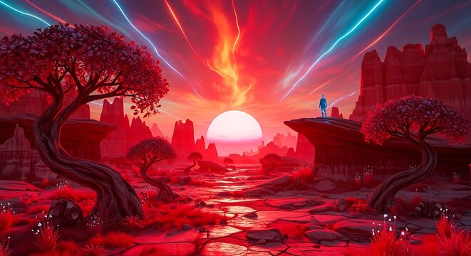Surreal fantasy landscape with vibrant red sky and alien trees