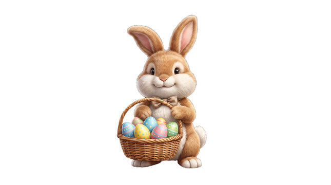 Cute Easter Bunny Holding a Basket Full of Colorful Eggs.