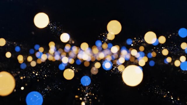 Abstract blue and gold bokeh lights on black background
